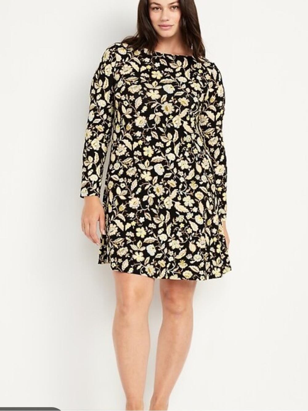 Old Navy Black Floral Long-Sleeve Swing Dress